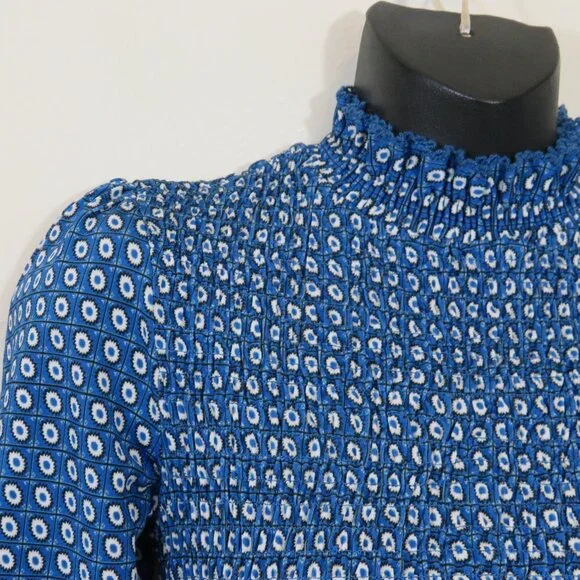 Sandro size 0 Molitor Smocked Top Blue Printed Half Sleeve Mock Neck NEW - Picture 5 of 6